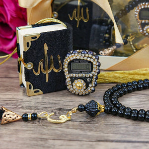 Black Rosary Digital Zikr, Tasbih Beads and Mini Quran (Gift Set of 3)