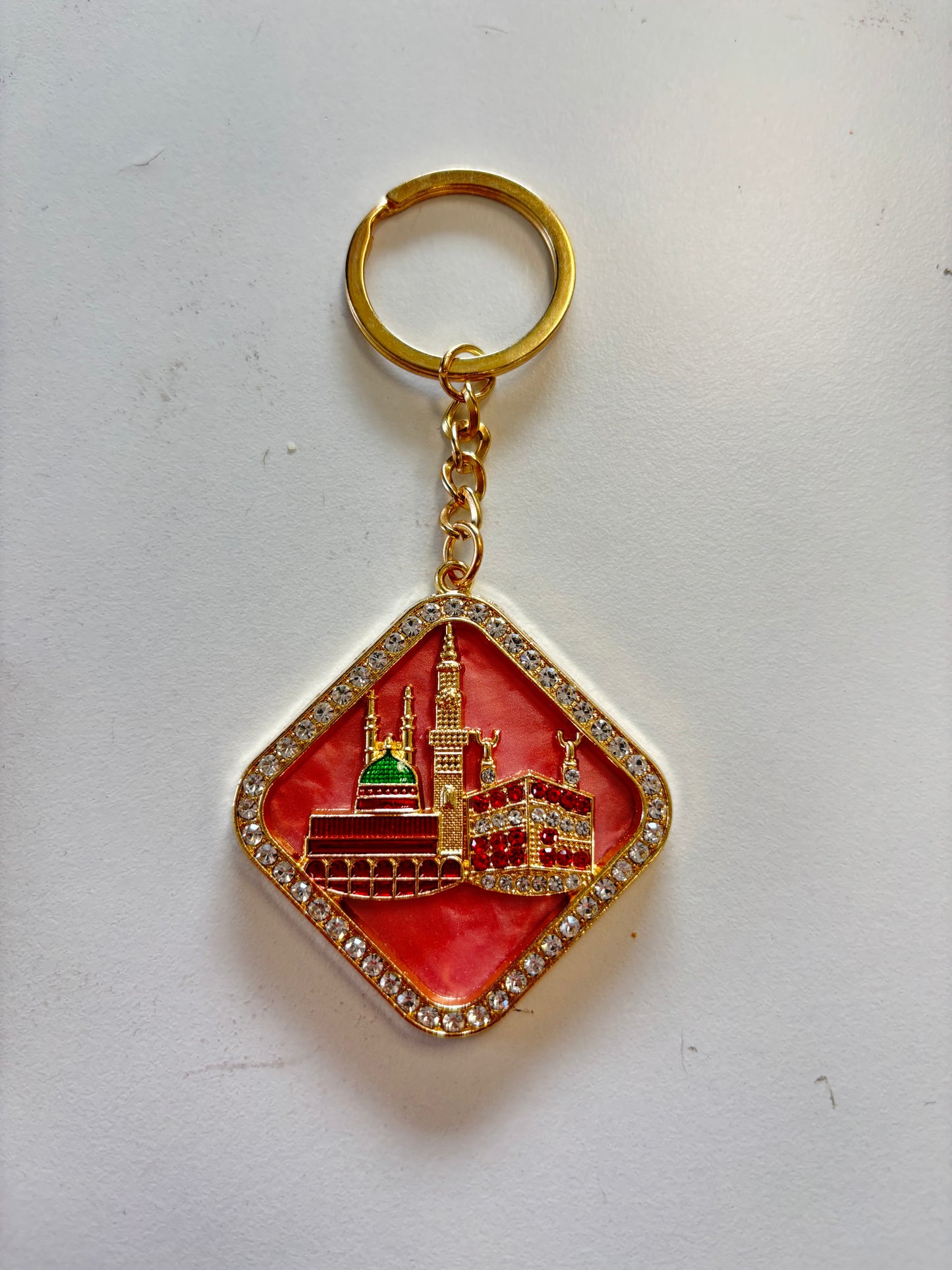 Gold and Pink Makkah & Madinah Diamond-shaped Keychain