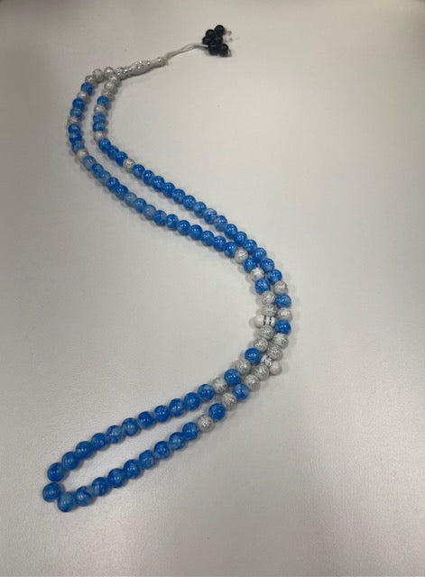 100 Dhikr Beads: Blue Marbled Beads with White and Silver Flowers