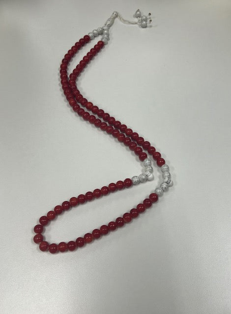 100 Dhikr Beads: Red with White Beads and Silver flowers