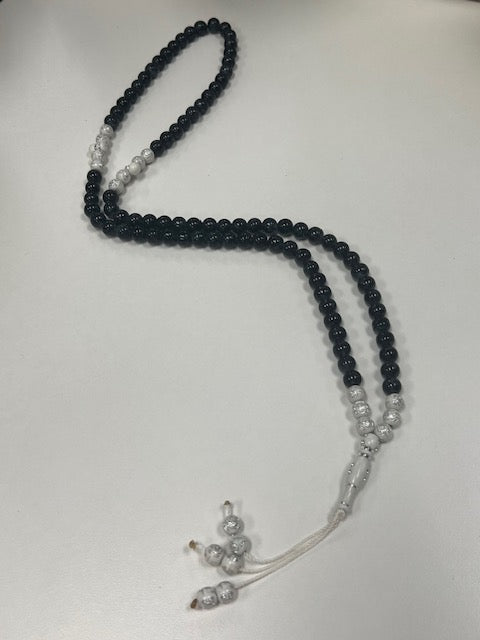 100 Dhikr Beads: Black and White with Silver Flowers