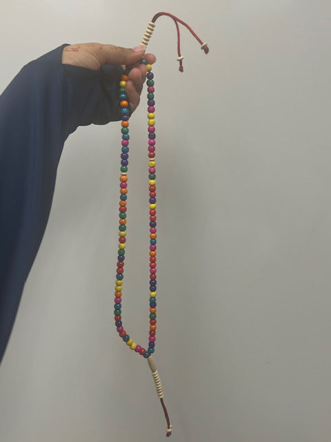 100 Dhikr Wooden Beads with white ends (Bright Rainbow Colored)