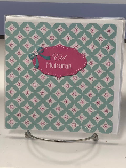 Eid Mubarak Greeting Card (Teal with pink flowers)