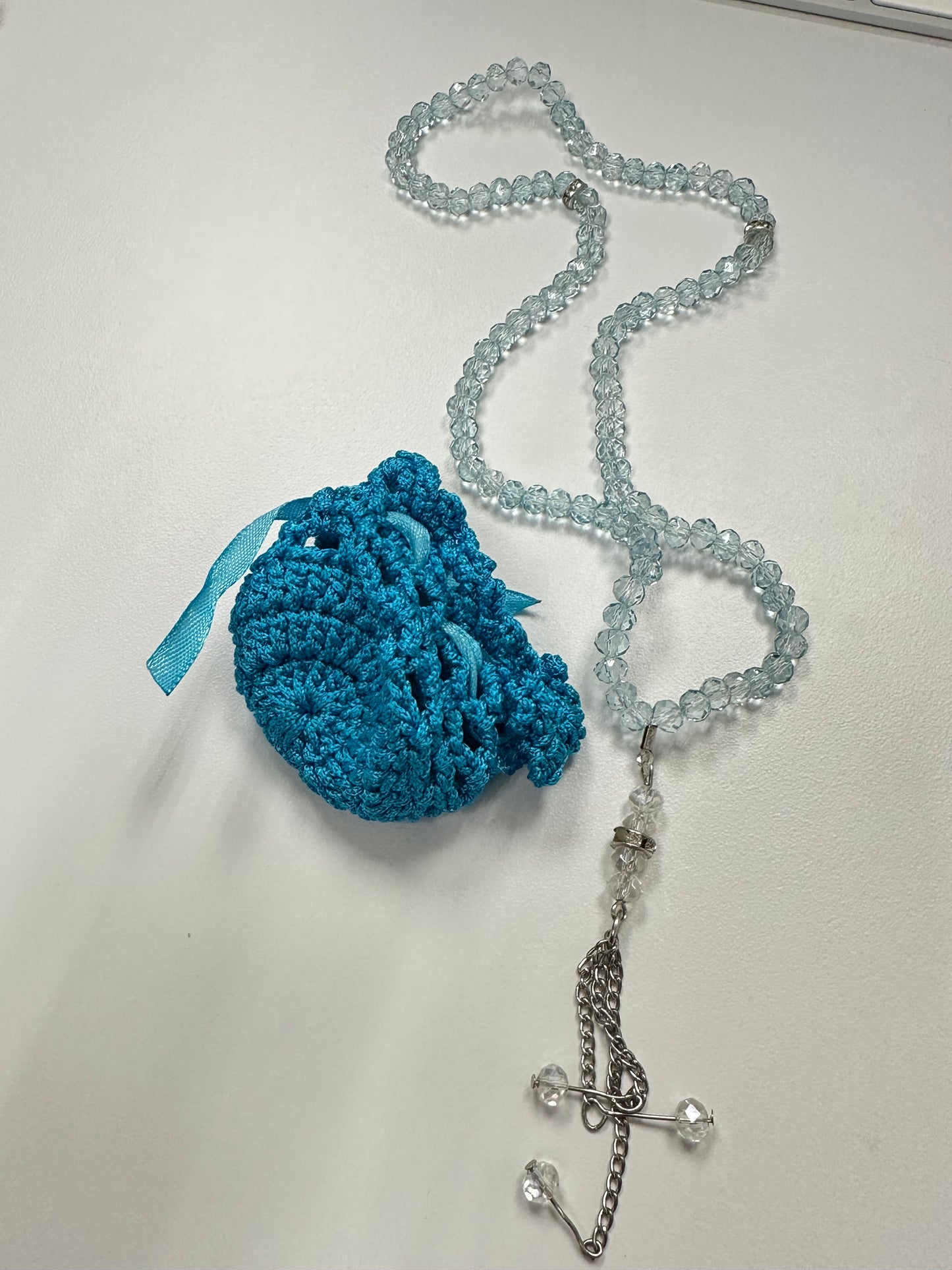 Light Blue Small Dhikr Beads in Handmade Crocheted Case