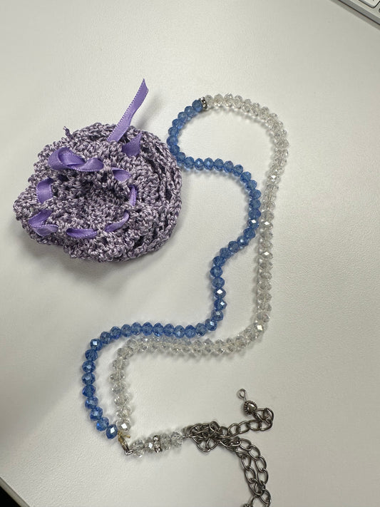 Half Blue & Clear Small Dhikr Beads in Handmade Crocheted Case