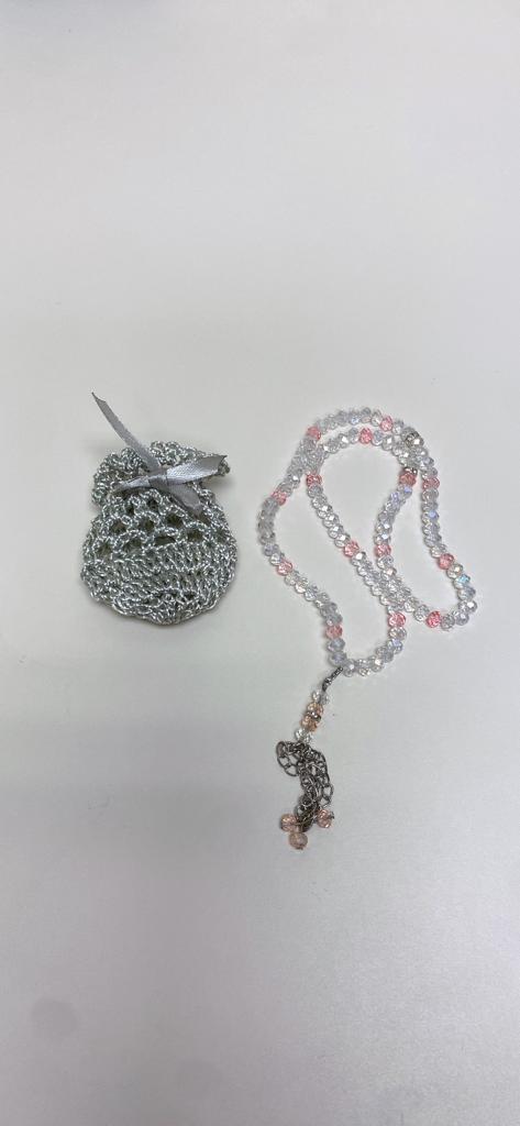 Pink and Clear Small Dhikr Beads in Handmade Crocheted Case
